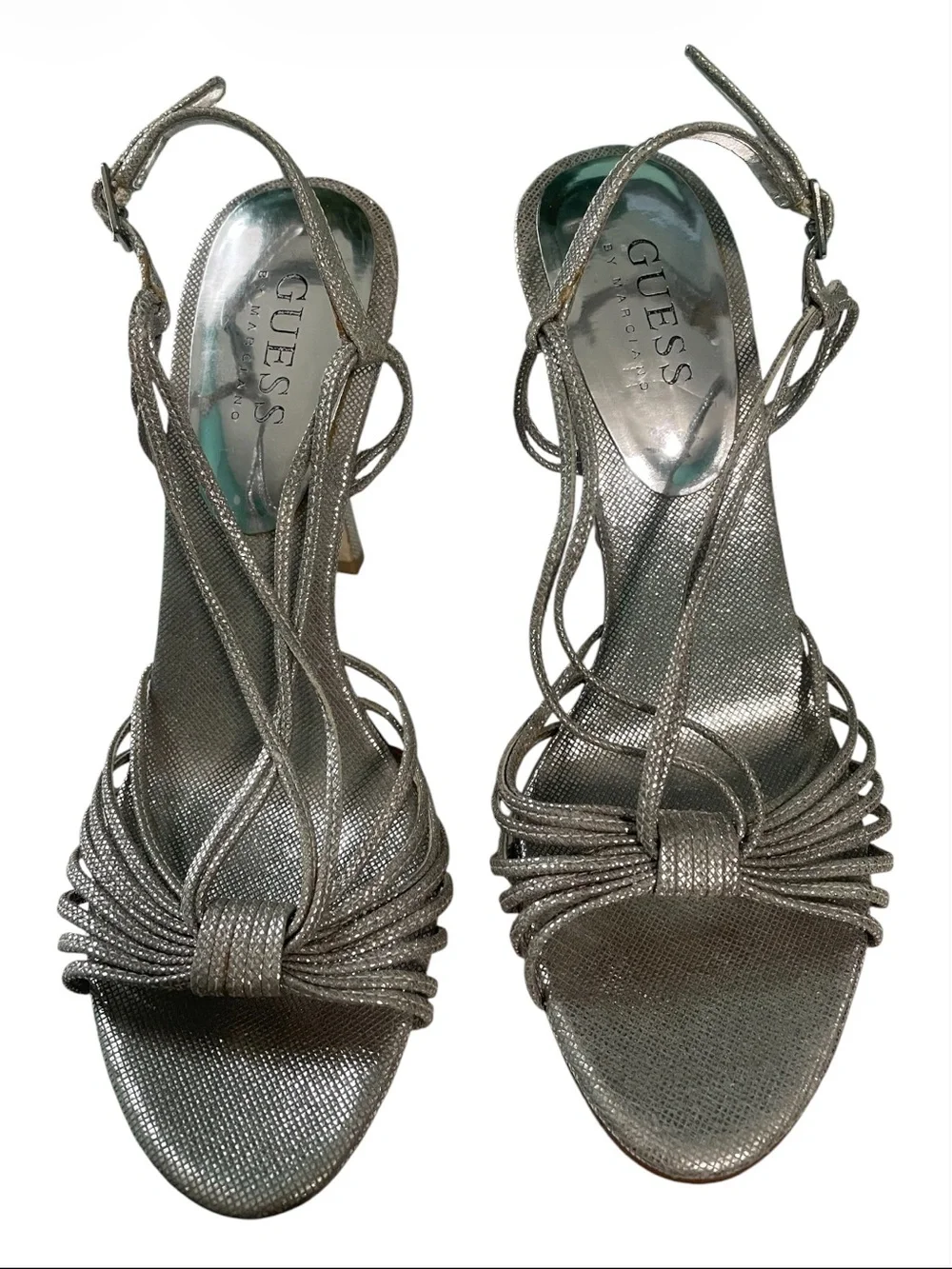 Guess by Marciano Metallic Silver Strappy Knot Heels